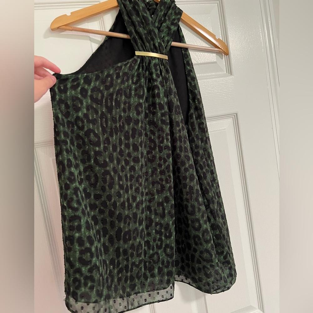 Michael Kors Green Cheetah Print Sleeveless Blouse with Gold Detail